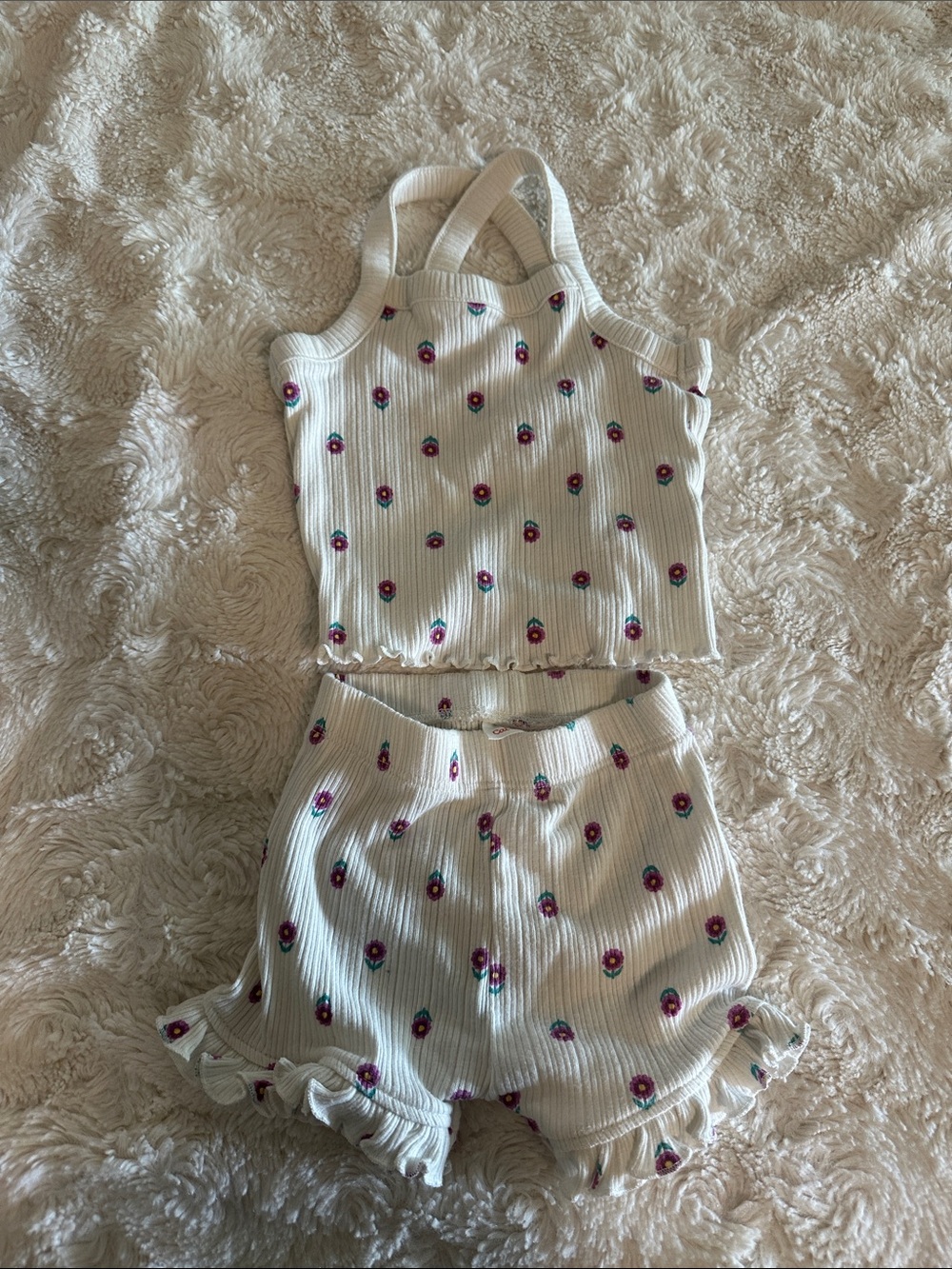 Cat & Jack White Ribbed Floral Tank and Ruffle Shorts Set